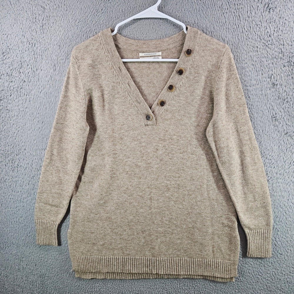 Anthropologie‎ Womens Tan V-Neck Button Accent Knit Sweater Size Small